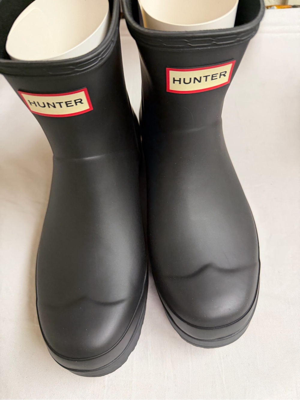 Hunter Women’s Matte Black Short Rain Boots with Red Logo Trim